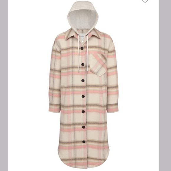 New Avec Les Filles Checked Longline Hooded Shirt Jacket Pink Cream Plaid nwt M - Picture 9 of 9